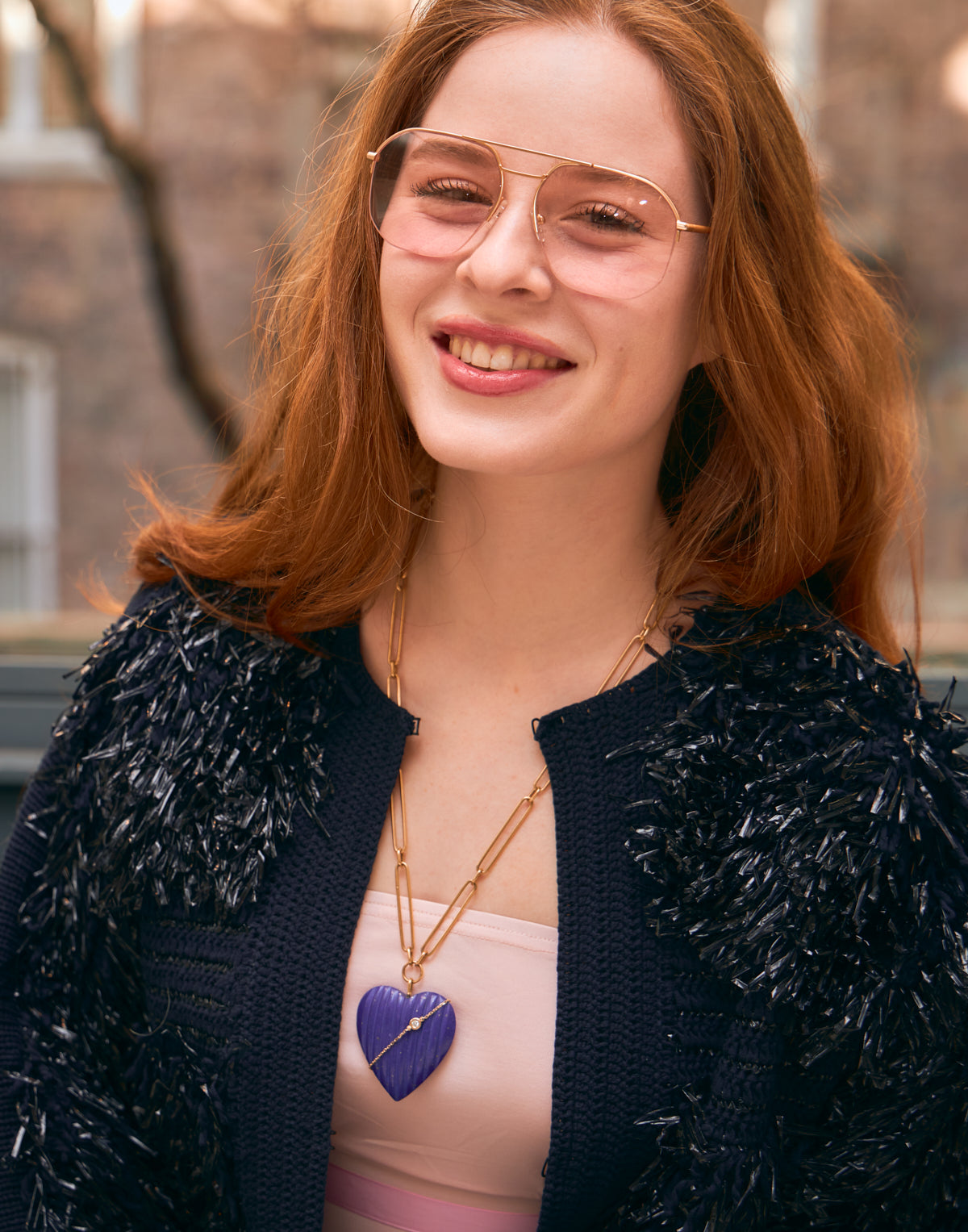 Blue Lapis with Diamond Chain Heart Necklace