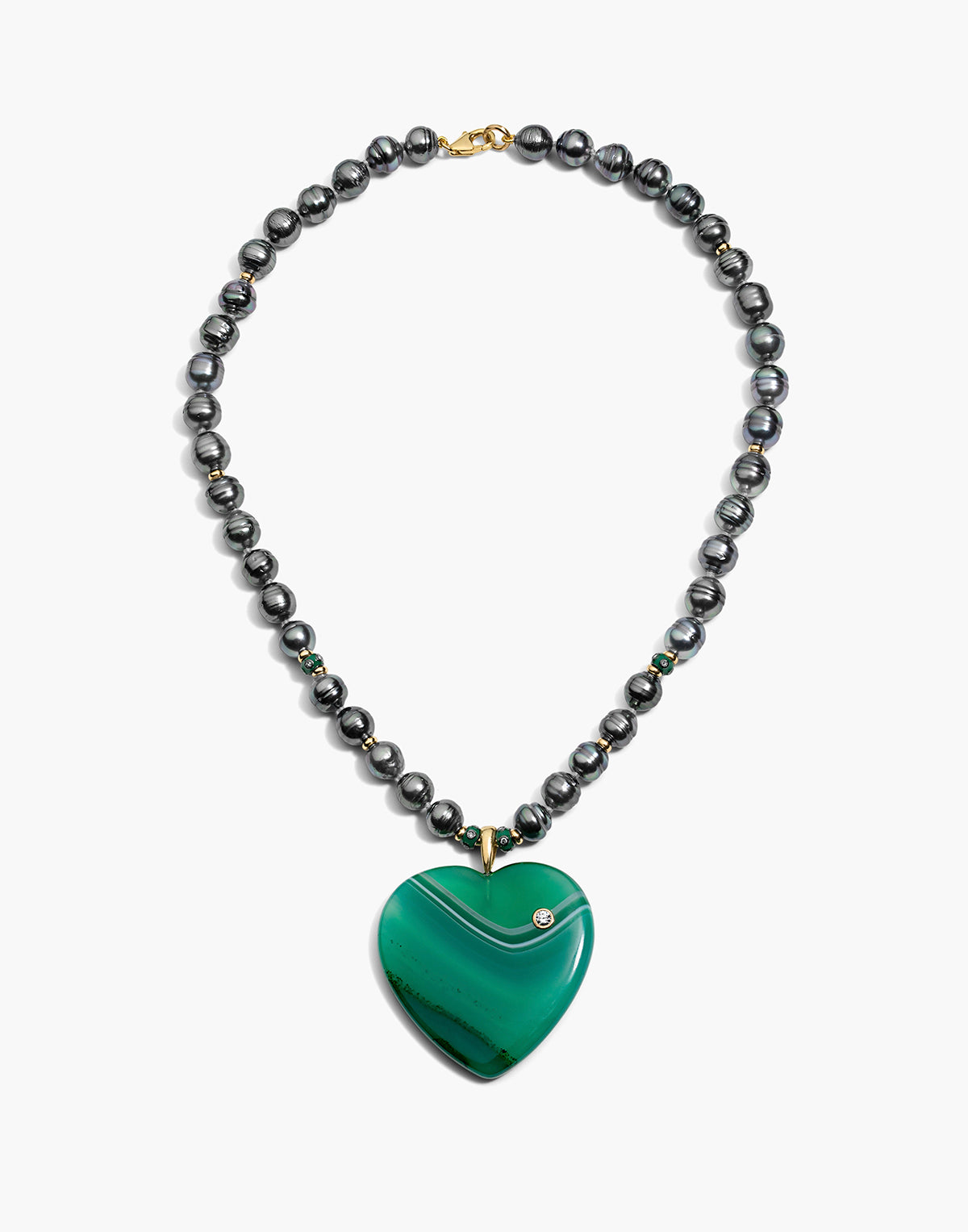 Grey Pearl & Green Onyx Heart Necklace