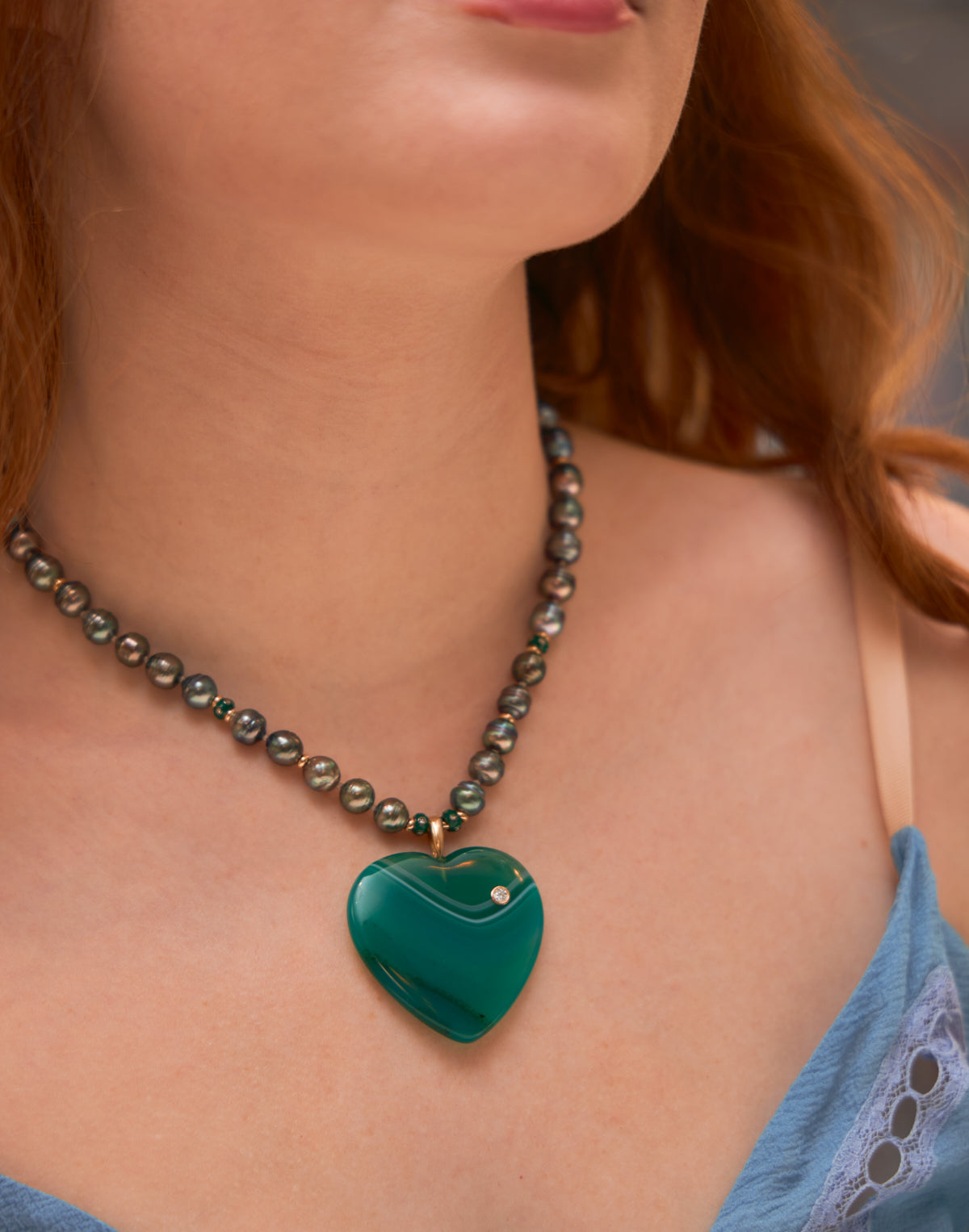 Grey Pearl & Green Onyx Heart Necklace
