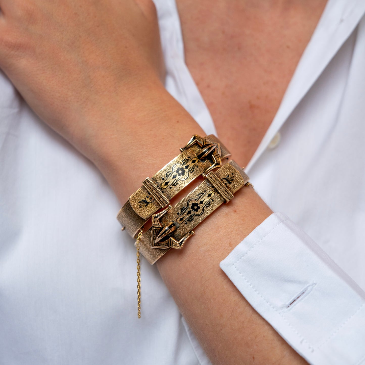 Gold and Enamel Buckle Bracelets - Set of Two