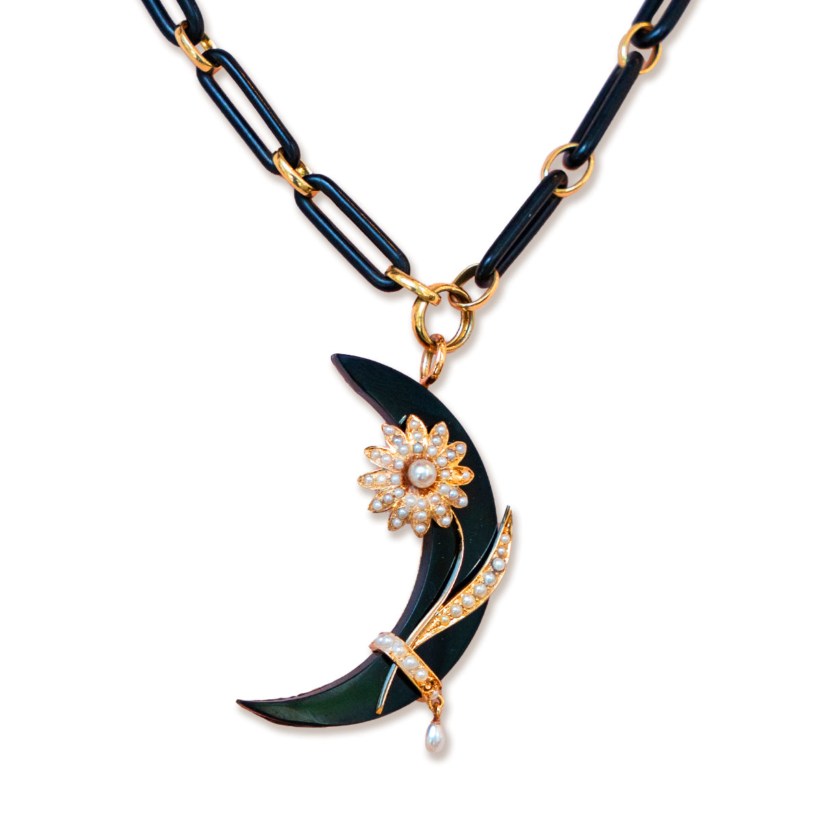 Ceramic and 14K Gold Necklace with Antique Onyx and Pearl Pendant