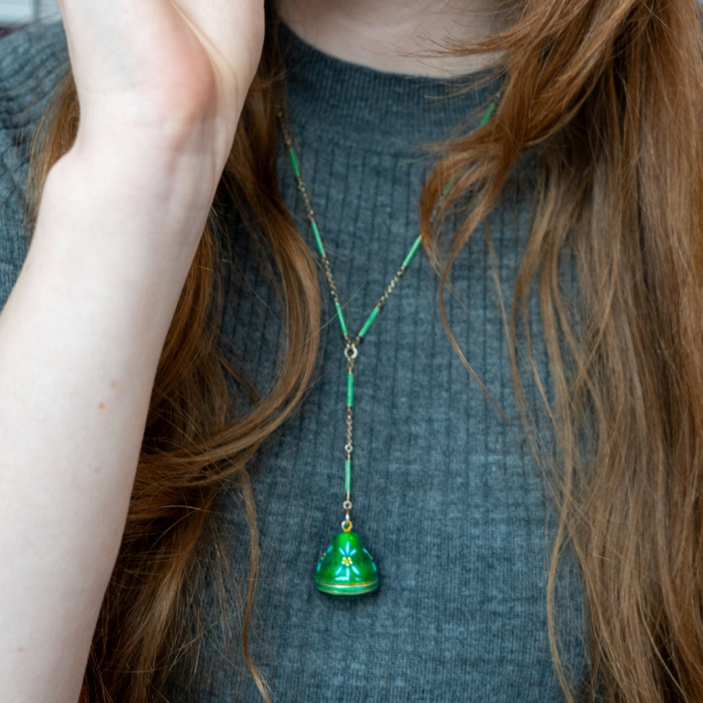Victorian Enamel Watch Pendant with Original Chain in Green Enamel
