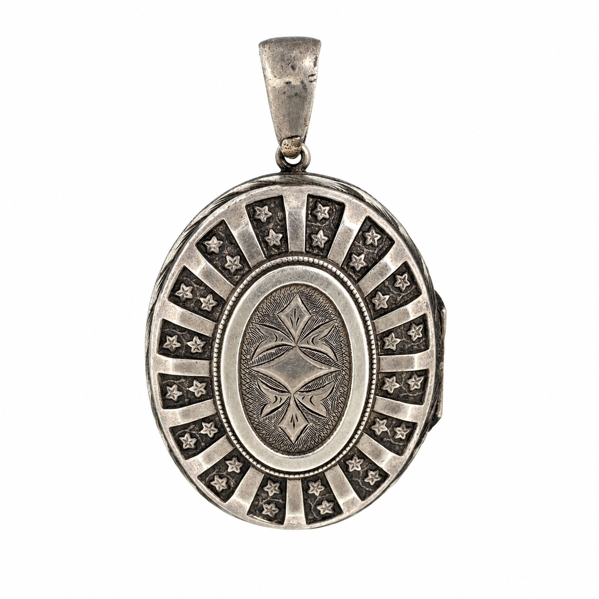 Vintage Floral Engraved Starburst Oval Silver Locket
