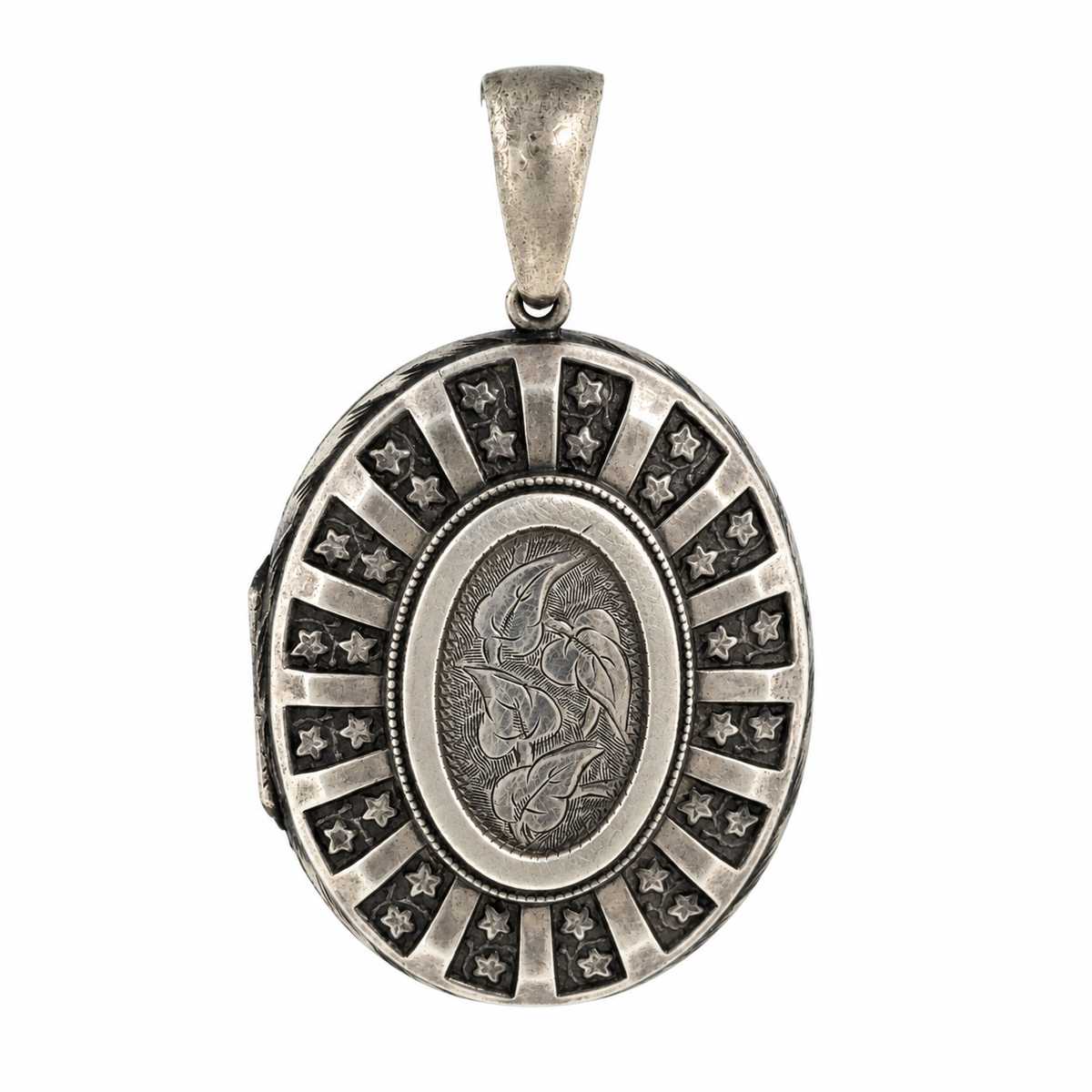 Vintage Floral Engraved Starburst Oval Silver Locket