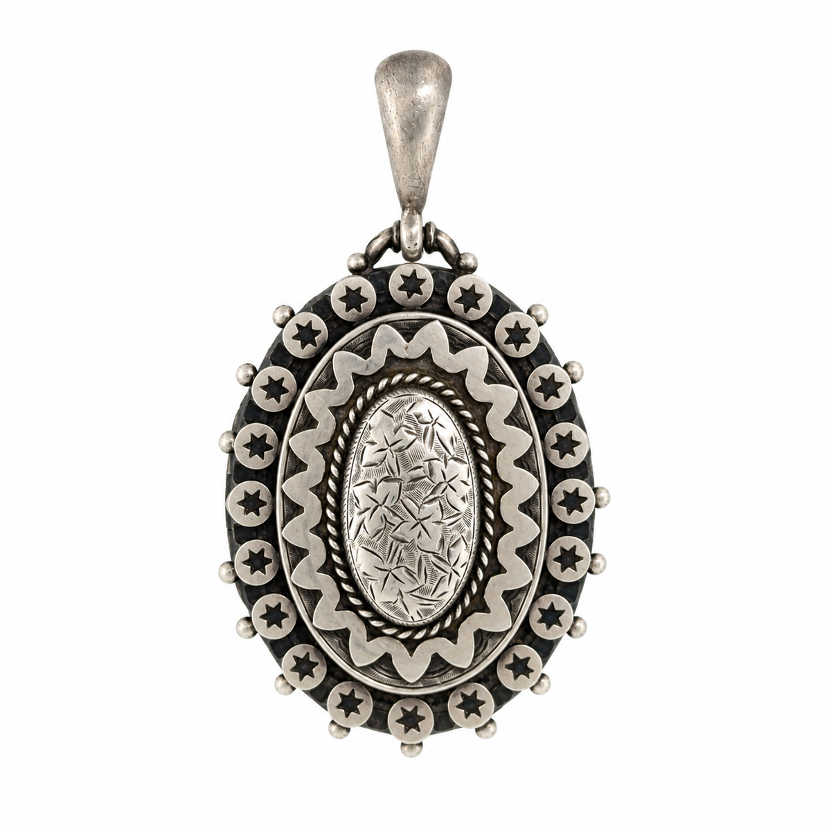 Vintage Star Border Engraved Oval Silver Locket