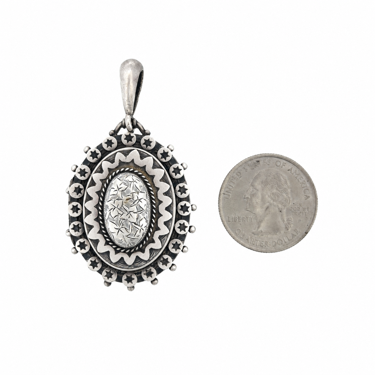 Vintage Star Border Engraved Oval Silver Locket