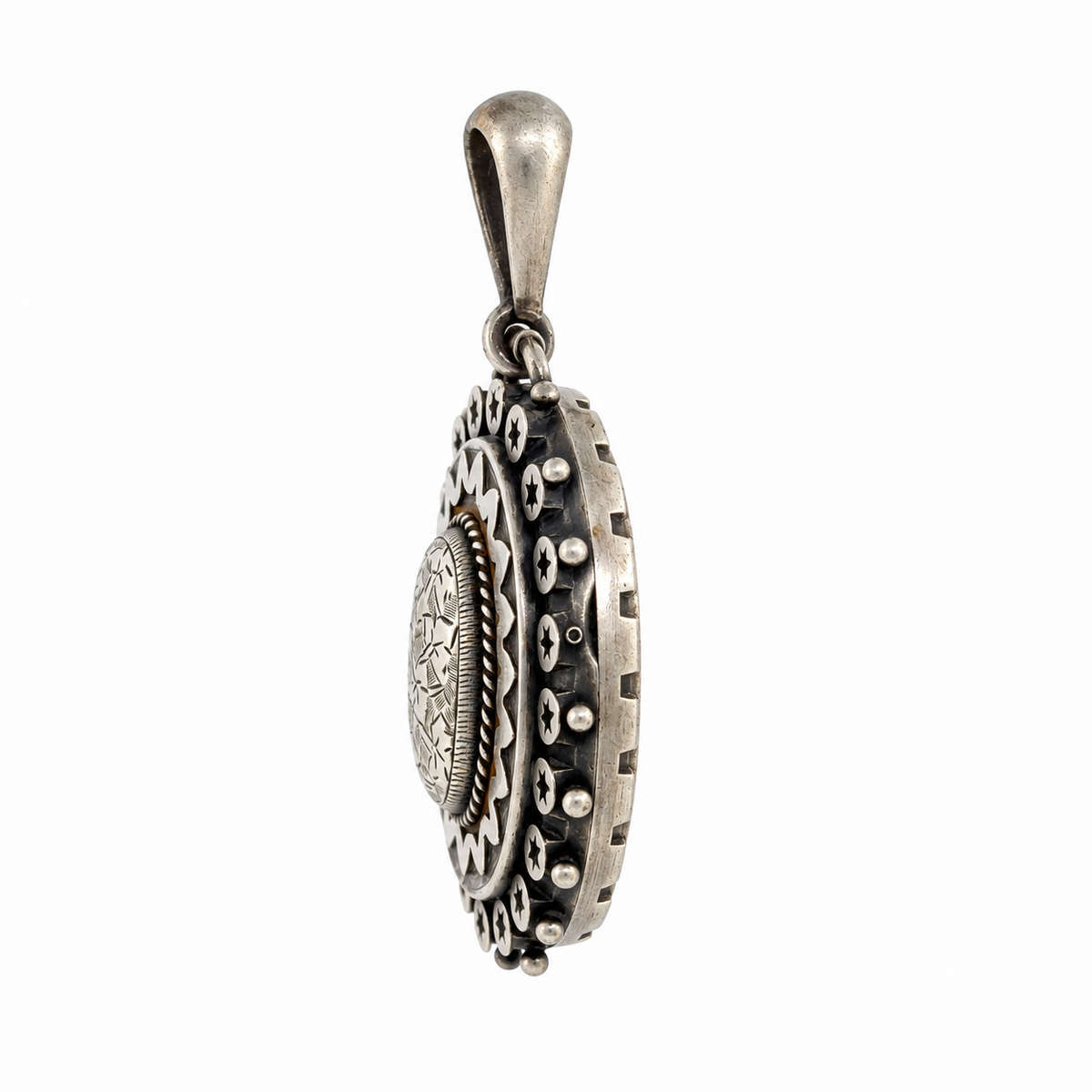 Vintage Star Border Engraved Oval Silver Locket