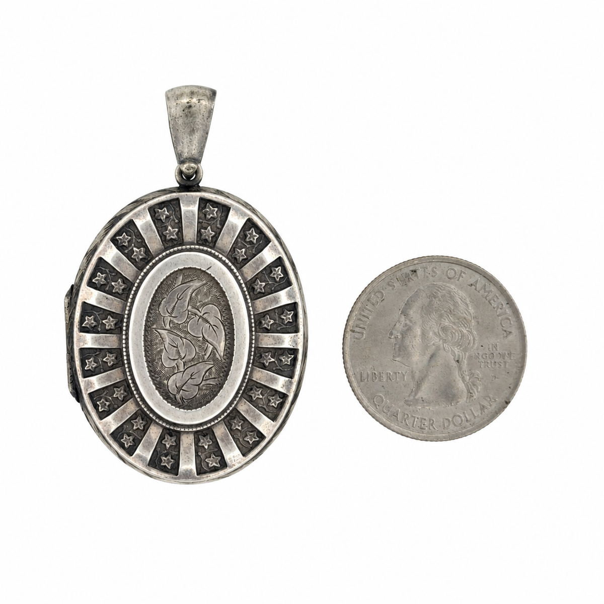 Vintage Floral Engraved Starburst Oval Silver Locket