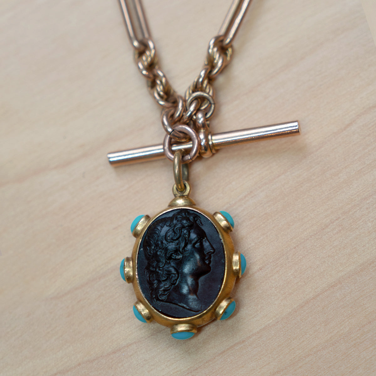Victorian Gold Chain with Black and Turquoise Intaglio Pendant