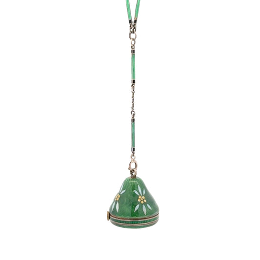 Victorian Enamel Watch Pendant with Original Chain in Green Enamel